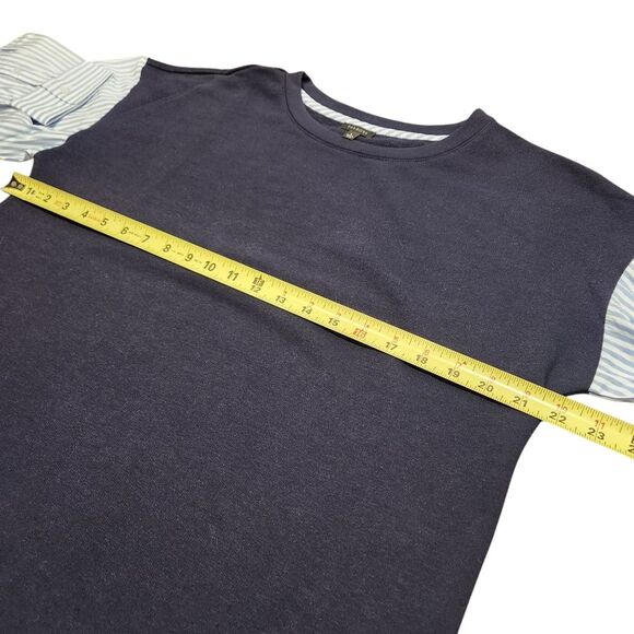 Talbots Top Woven Sleeve Crew Neck Navy Blue Striped Long Sleeve Preppy Twee L - Picture 10 of 14